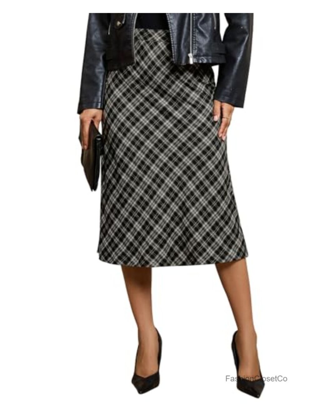 Women's A-Line Midi Skirt High Waisted Plaid Elastic Waist with Zipper